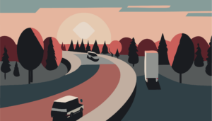 Grafiikka auringonlaskusta ja autotiestä.